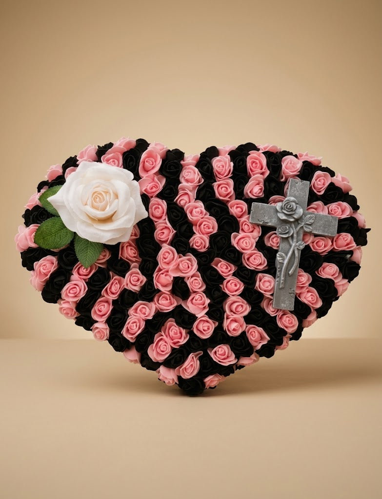 Cœur Funéraire Fleuri Fait Main – Roses Noires & Rose Poudré – Croix Argentée – Hommage Artisanal