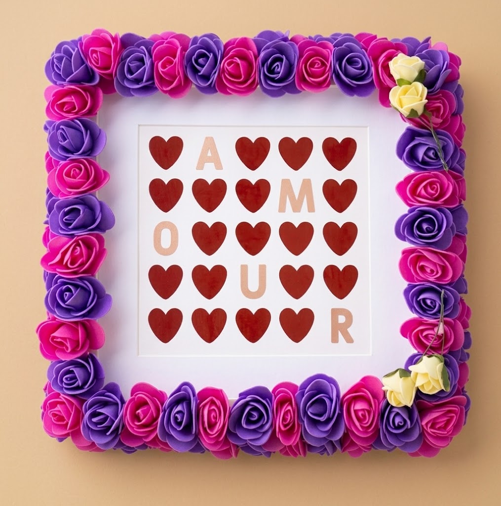 Cadre Décoratif Fleuri Fait Main – Roses Fuchsia & Violettes – Insert Amour – Décoration Romantique