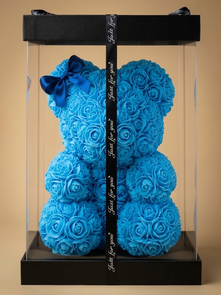 Ours Décoratif Fleuri Fait Main – Roses Bleu Ciel – Teddy Bear avec Boîte Cadeau
