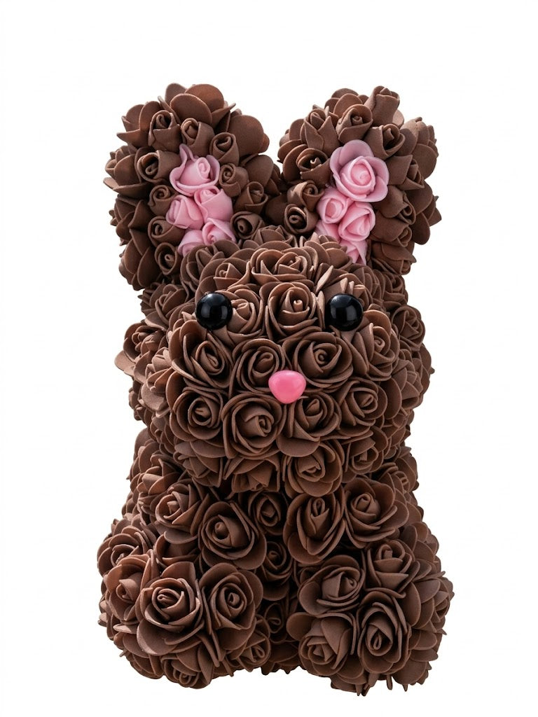 Lapin Décoratif Fleuri Fait Main – Roses Chocolat & Touches Roses – Décoration Artisanale