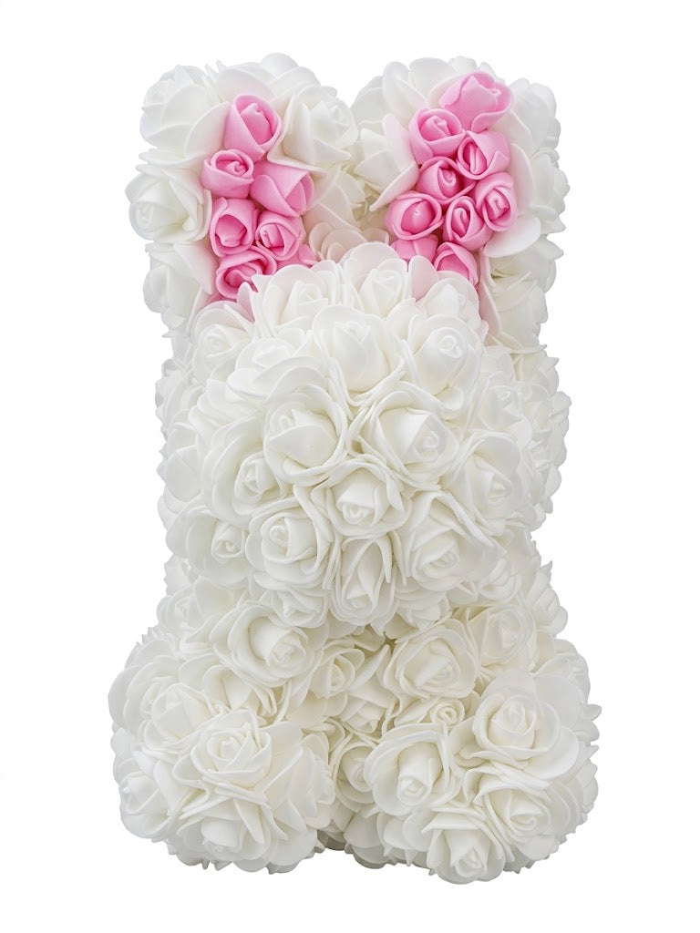 Lapin Décoratif Fleuri Fait Main – Roses Blanches & Roses – Décoration Artisanale