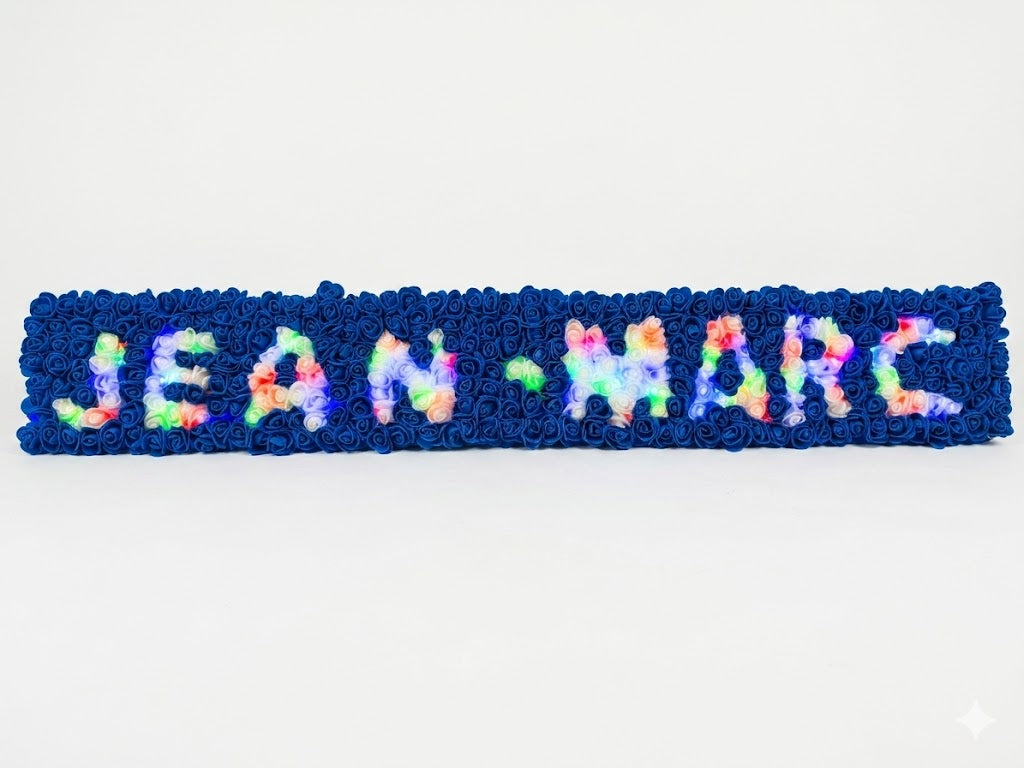 Panneau Prénom Fleuri Lumineux Fait Main – Roses Bleues & LED Multicolores – Cadeau Personnalisé