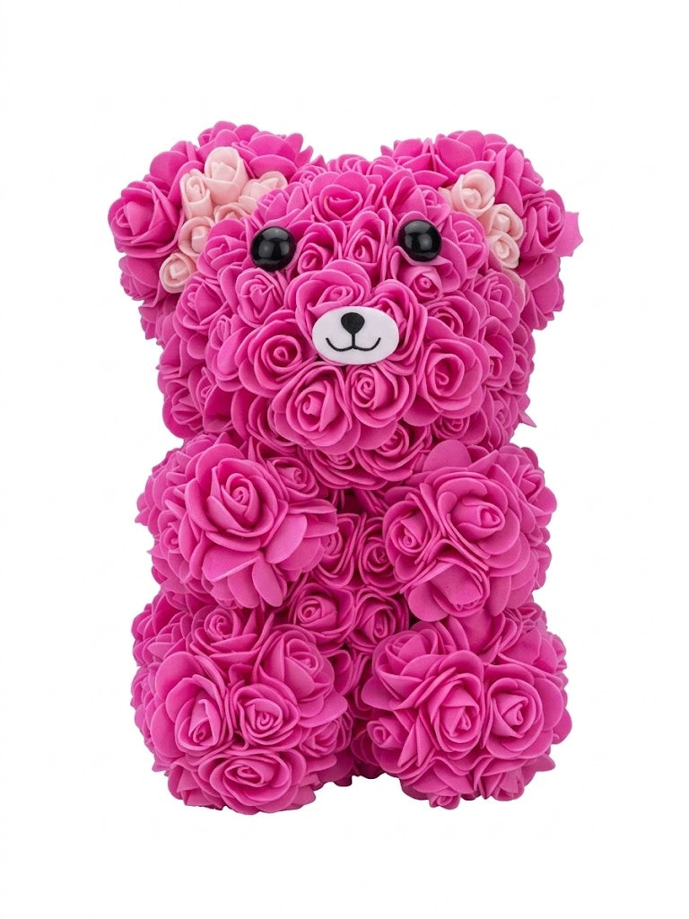 Ours Décoratif Fleuri Fait Main – Roses Fuchsia – Teddy Bear Artisanal
