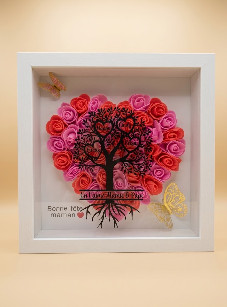 Cadre Arbre de Vie Personnalisé Fait Main – Roses Roses & Rouges – Cadeau Famille Artisanal