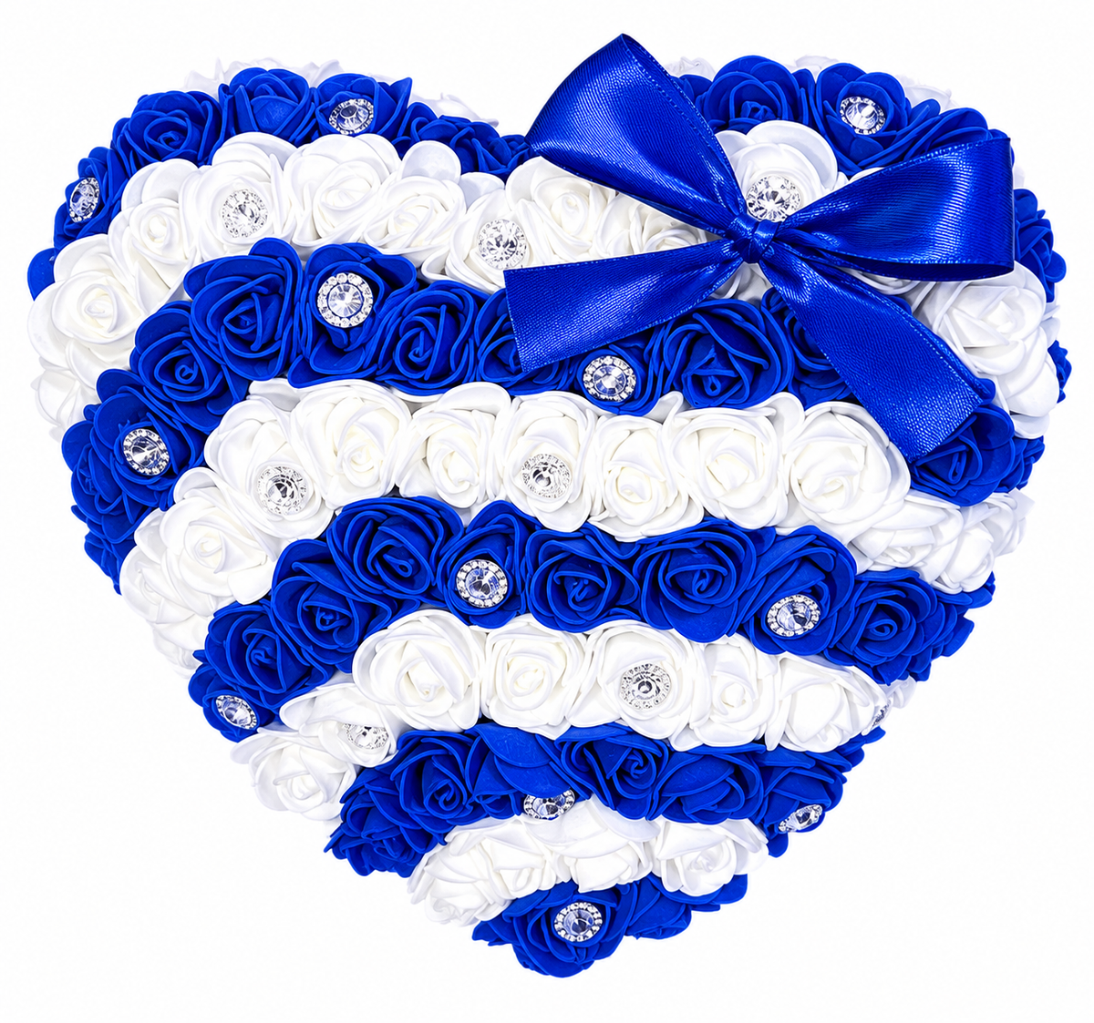 Cœur Décoratif Fleuri Fait Main – Roses Bleu Roi & Blanc Rayées – Strass & Nœud Satin