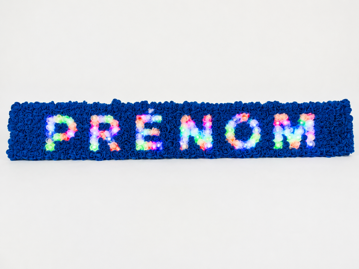 Panneau Prénom Fleuri Lumineux Fait Main – Roses Bleues & LED Multicolores – Cadeau Personnalisé