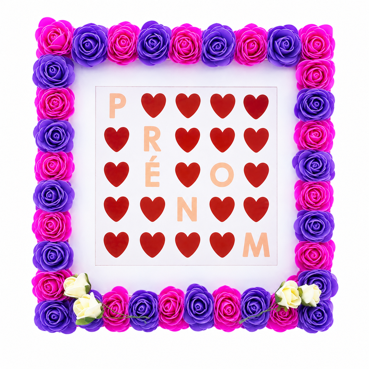 Cadre Décoratif Fleuri Fait Main – Roses Fuchsia & Violettes – Insert Amour – Décoration Romantique