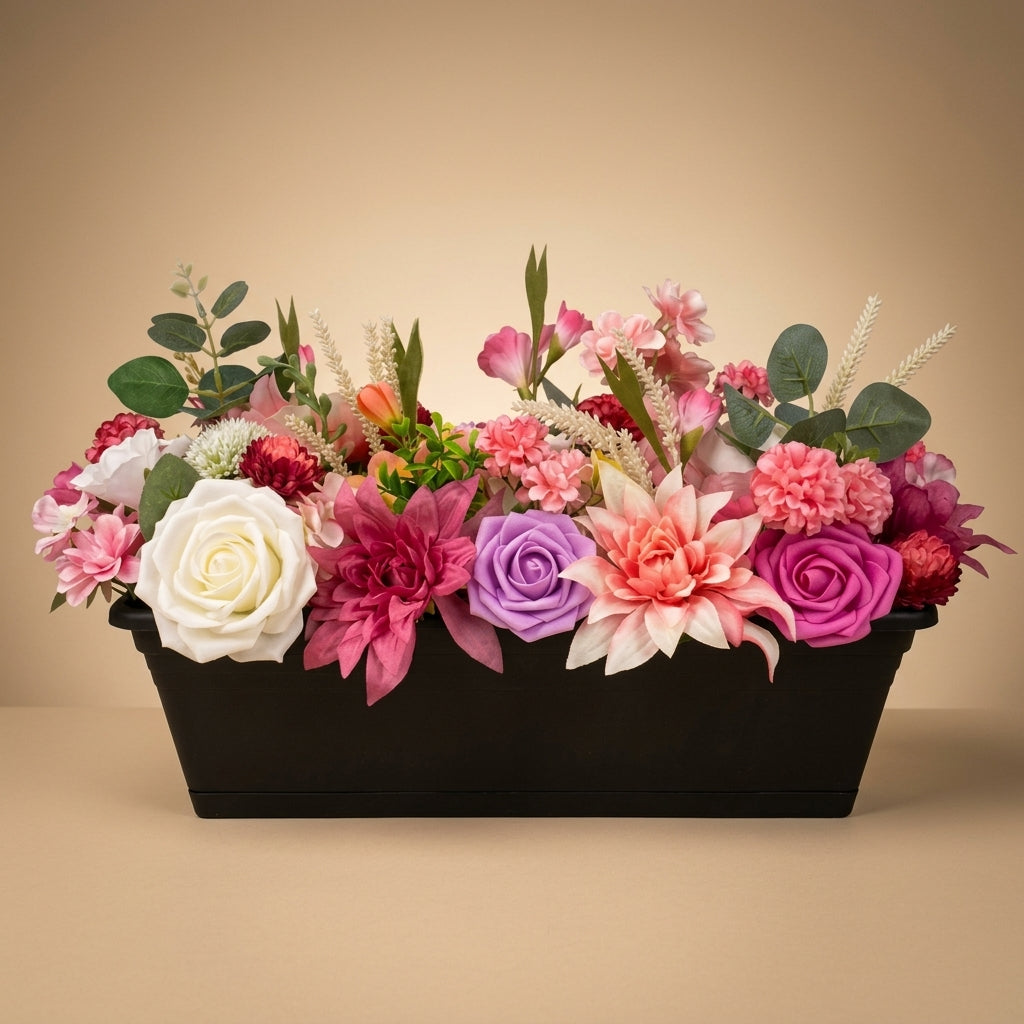 Jardinière Florale Fait Main – Composition de Fleurs Artificielles Multicolores – Décoration Artisanale