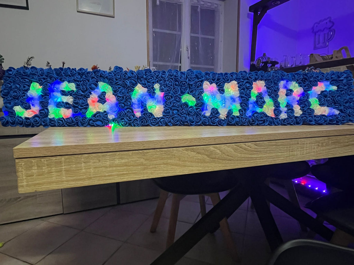Panneau Prénom Fleuri Lumineux Fait Main – Roses Bleues & LED Multicolores – Cadeau Personnalisé