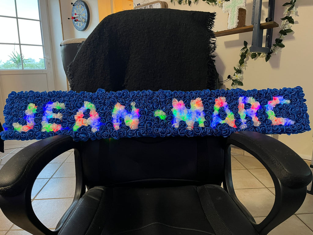 Panneau Prénom Fleuri Lumineux Fait Main – Roses Bleues & LED Multicolores – Cadeau Personnalisé