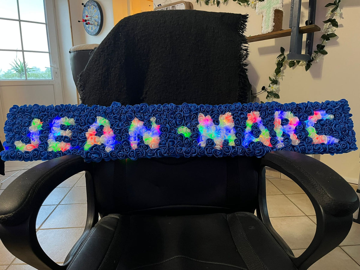 Panneau Prénom Fleuri Lumineux Fait Main – Roses Bleues & LED Multicolores – Cadeau Personnalisé