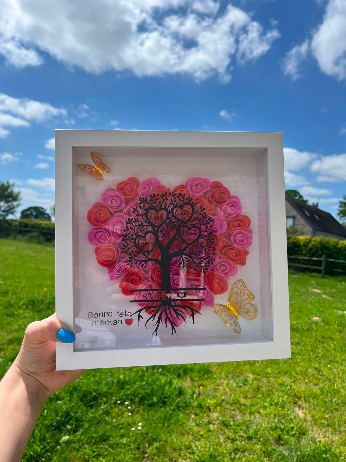 Cadre Arbre de Vie Personnalisé Fait Main – Roses Roses & Rouges – Cadeau Famille Artisanal
