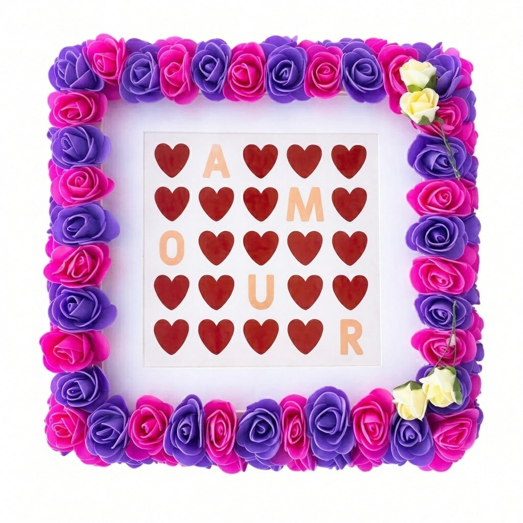 Cadre Décoratif Fleuri Fait Main – Roses Fuchsia & Violettes – Insert Amour – Décoration Romantique