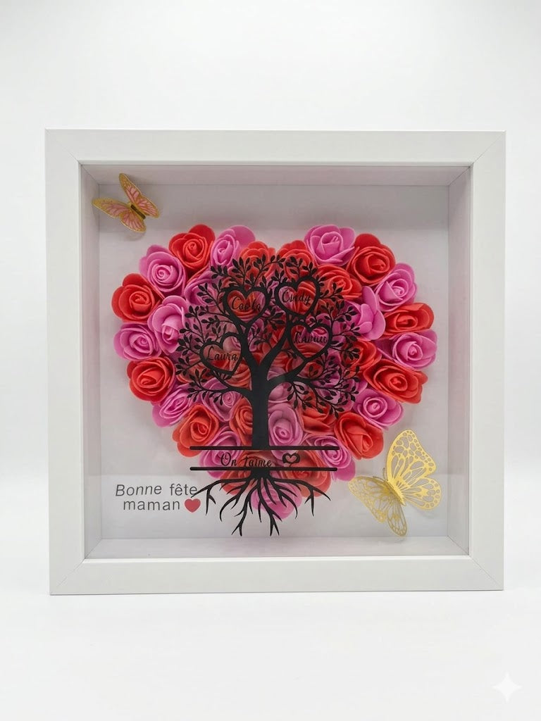Cadre Arbre de Vie Personnalisé Fait Main – Roses Roses & Rouges – Cadeau Famille Artisanal