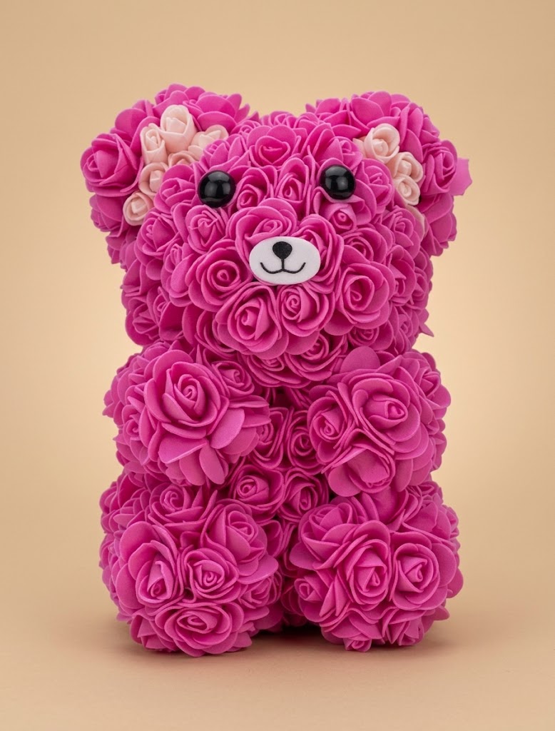 Ours Décoratif Fleuri Fait Main – Roses Fuchsia – Teddy Bear Artisanal