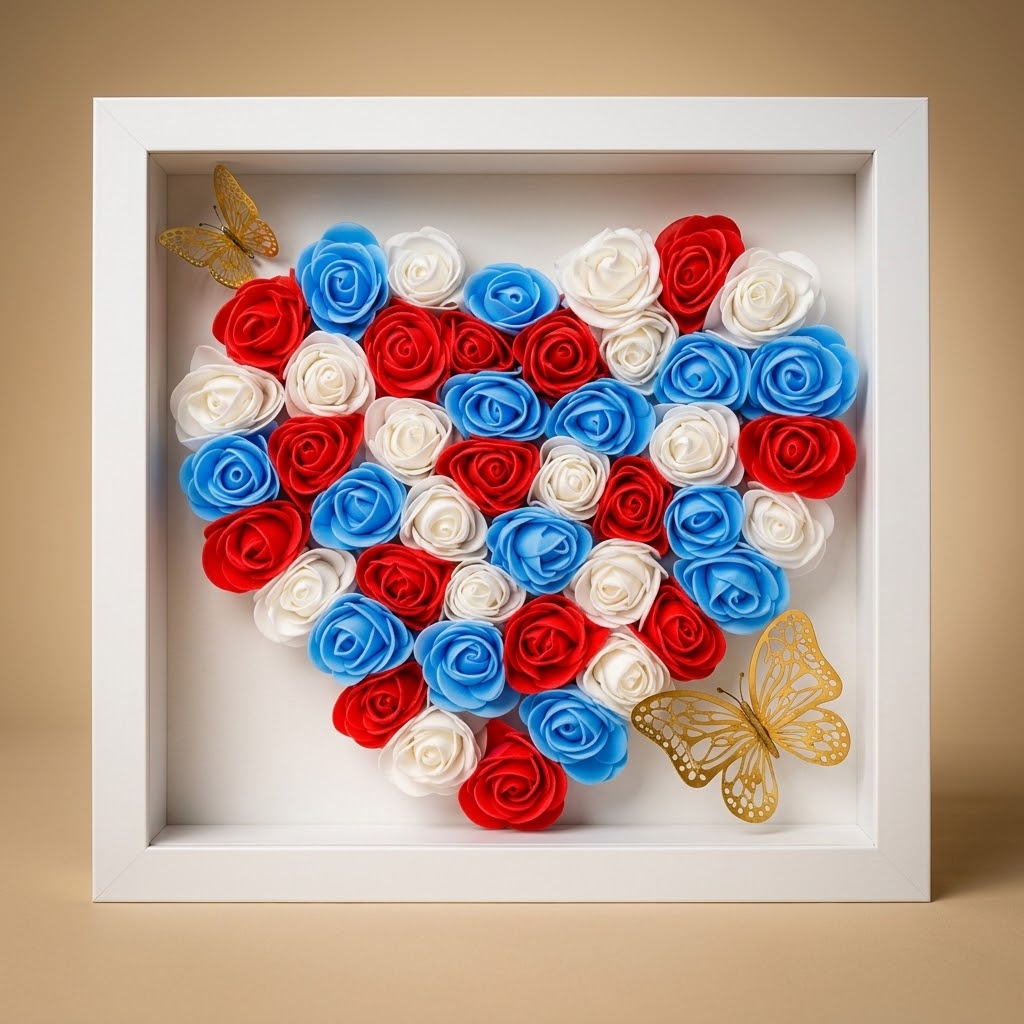 Cadre Cœur Fleuri Fait Main – Roses Bleu Blanc Rouge – Papillons Dorés – Décoration Patriotique