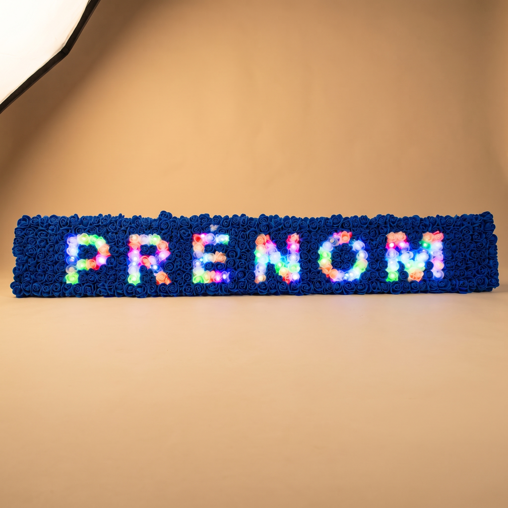 Panneau Prénom Fleuri Lumineux Fait Main – Roses Bleues & LED Multicolores – Cadeau Personnalisé