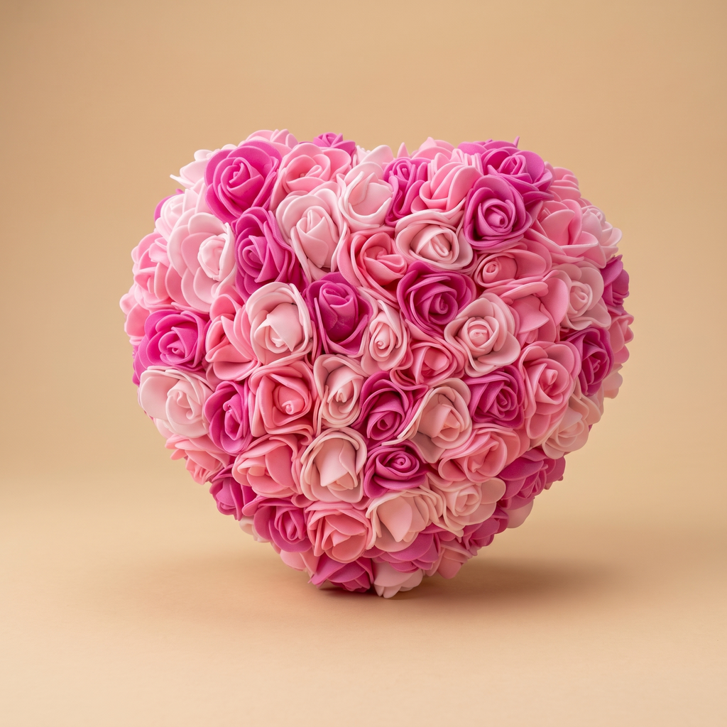 Coeur Décoratif Fleuri Fait Main – Roses Roses – Décoration Artisanale