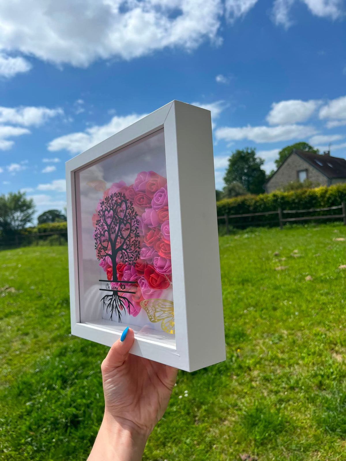 Cadre Arbre de Vie Personnalisé Fait Main – Roses Roses & Rouges – Cadeau Famille Artisanal